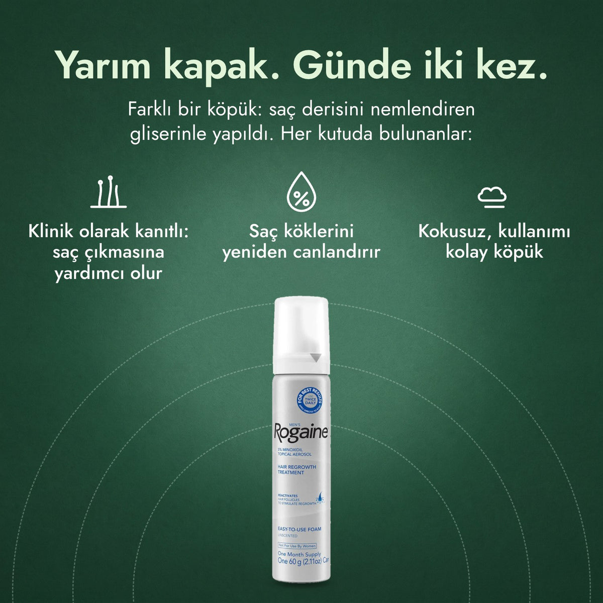 Men's Rogaine %5 Minoksidil Köpük: Yarım kapak. Günde iki kez. Klinik olarak kanıtlı: saç çıkmasına yardımcı olur, Saç köklerini yeniden canlandırır, Kokusuz, kullanımı kolay köpük