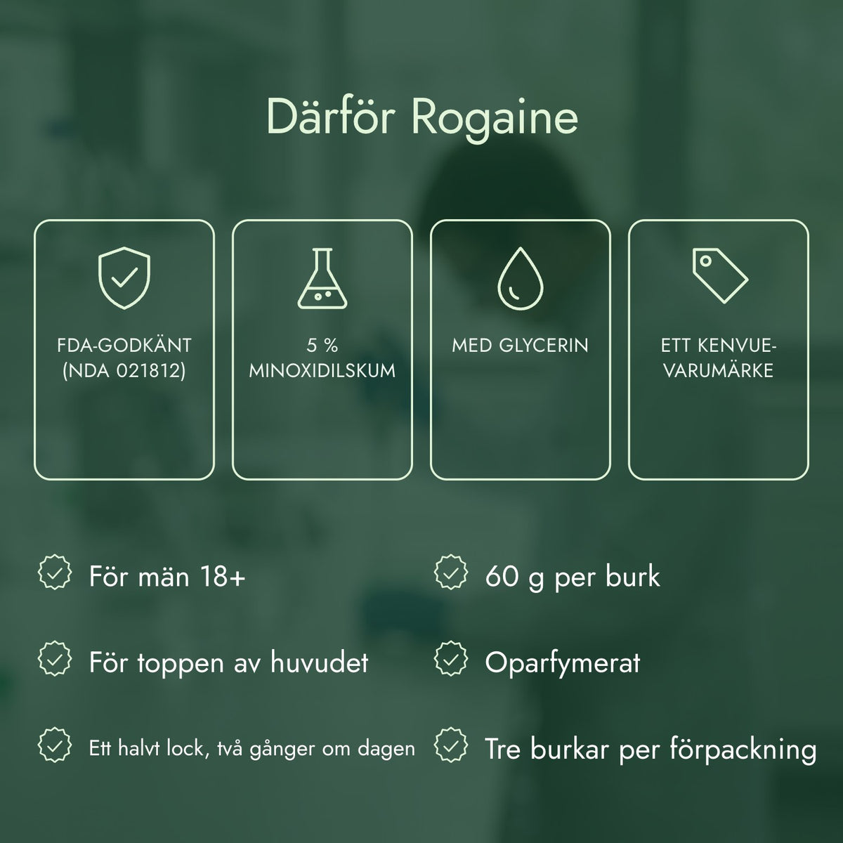 Därför Rogaine: FDA-godkänt (NDA 021812), 5 % minoxidilskum, Med glycerin, Ett Kenvue-varumärke