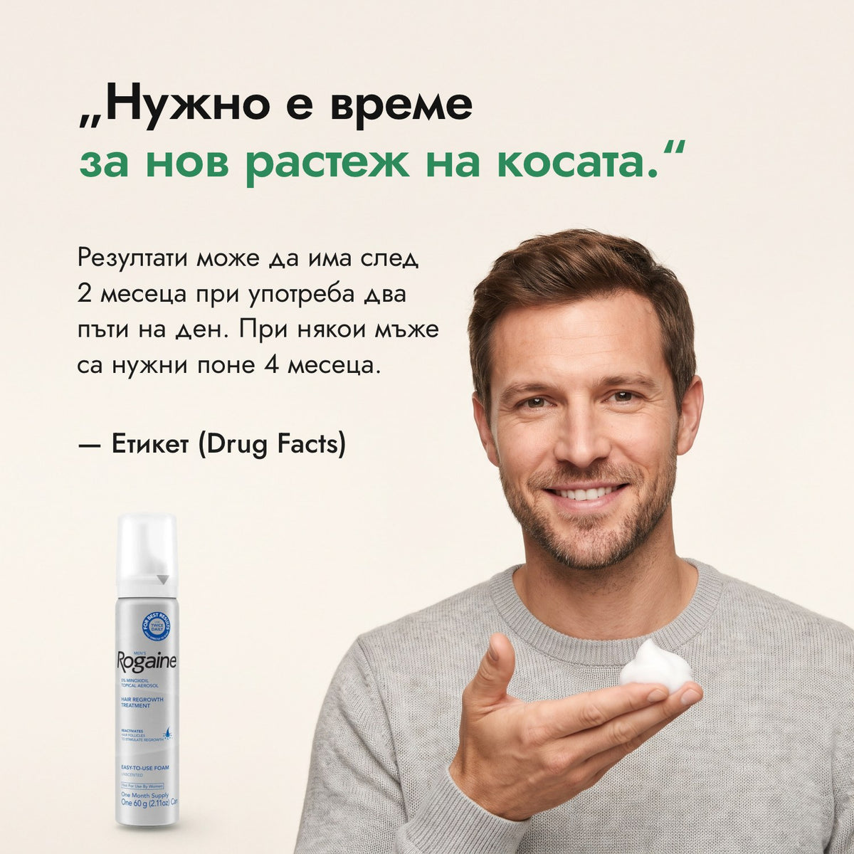 Нужно е време за нов растеж на косата. — Етикет (Drug Facts)