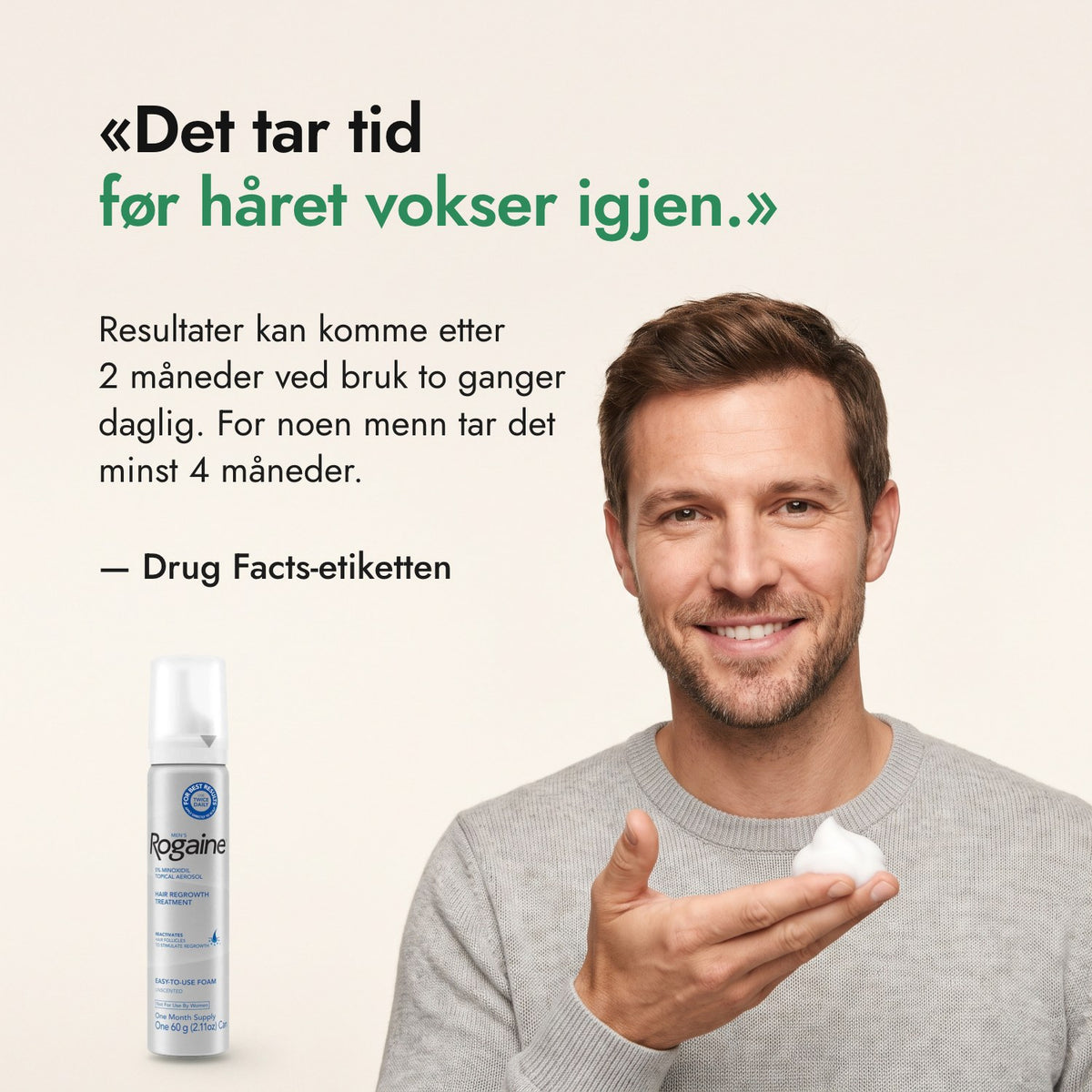 Det tar tid før håret vokser igjen. — Drug Facts-etiketten