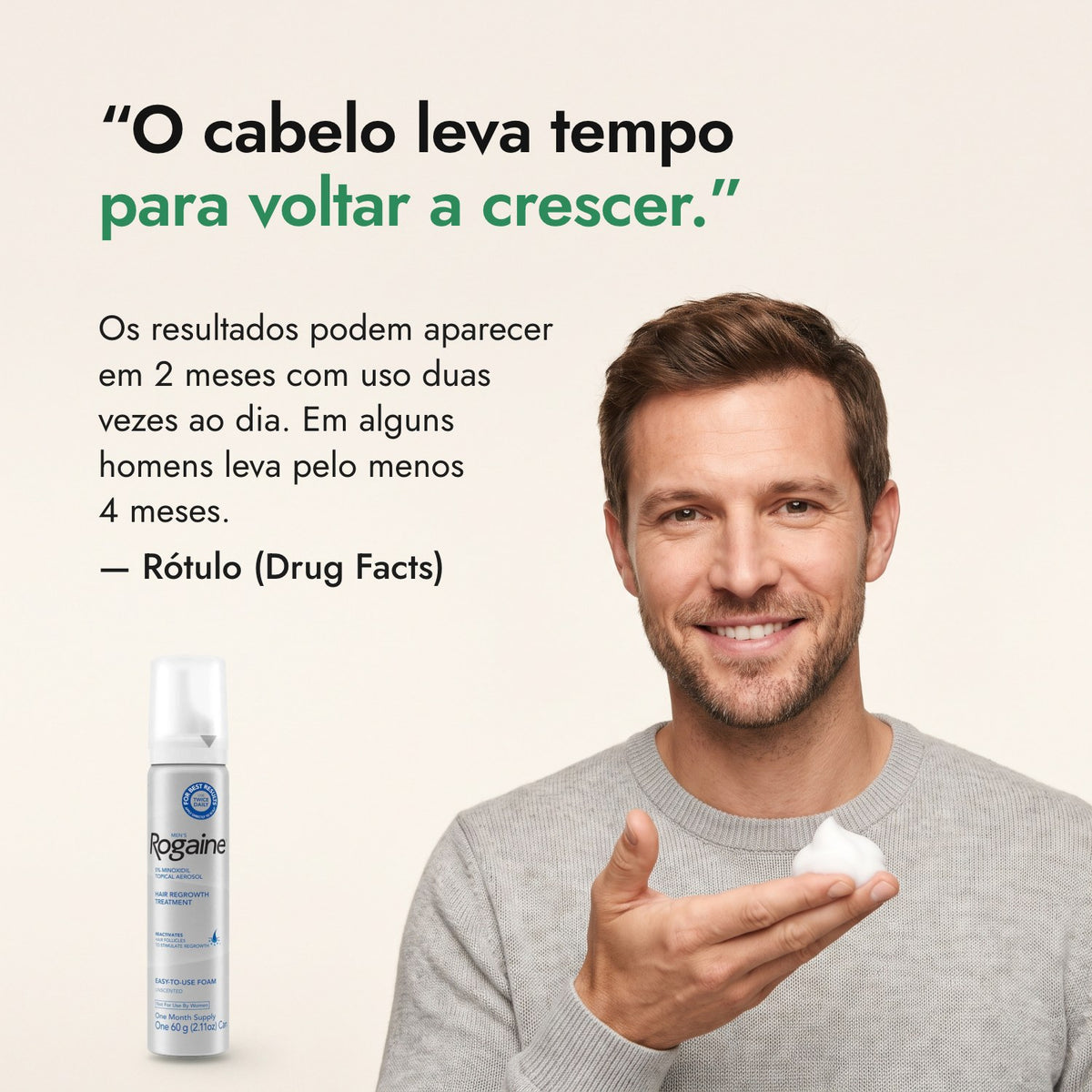 O cabelo leva tempo para voltar a crescer. — Rótulo (Drug Facts)