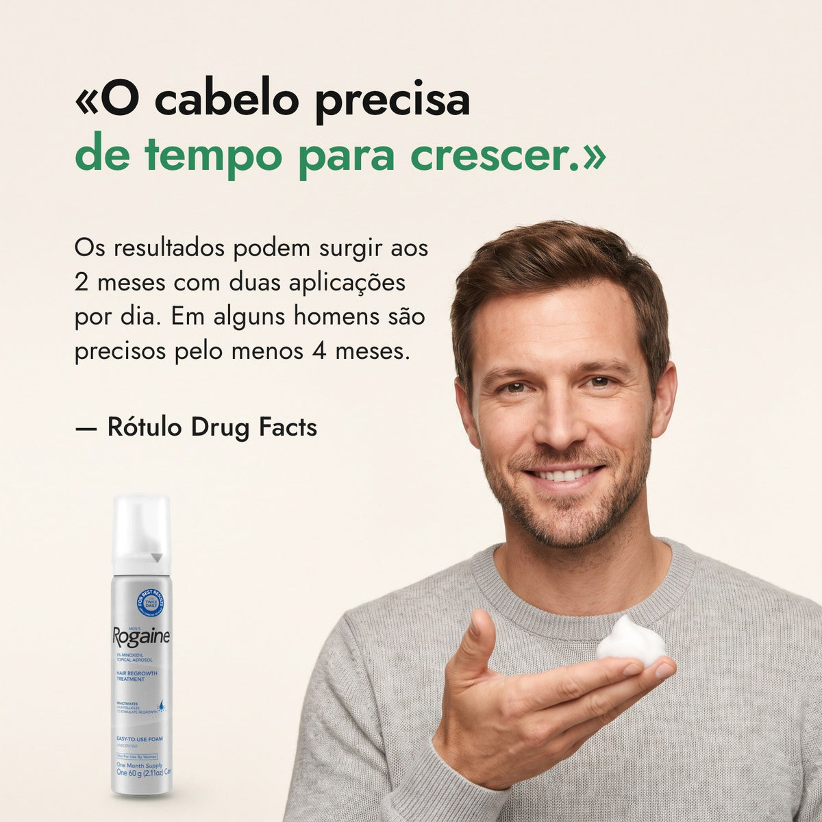 O cabelo precisa de tempo para crescer. — Rótulo Drug Facts