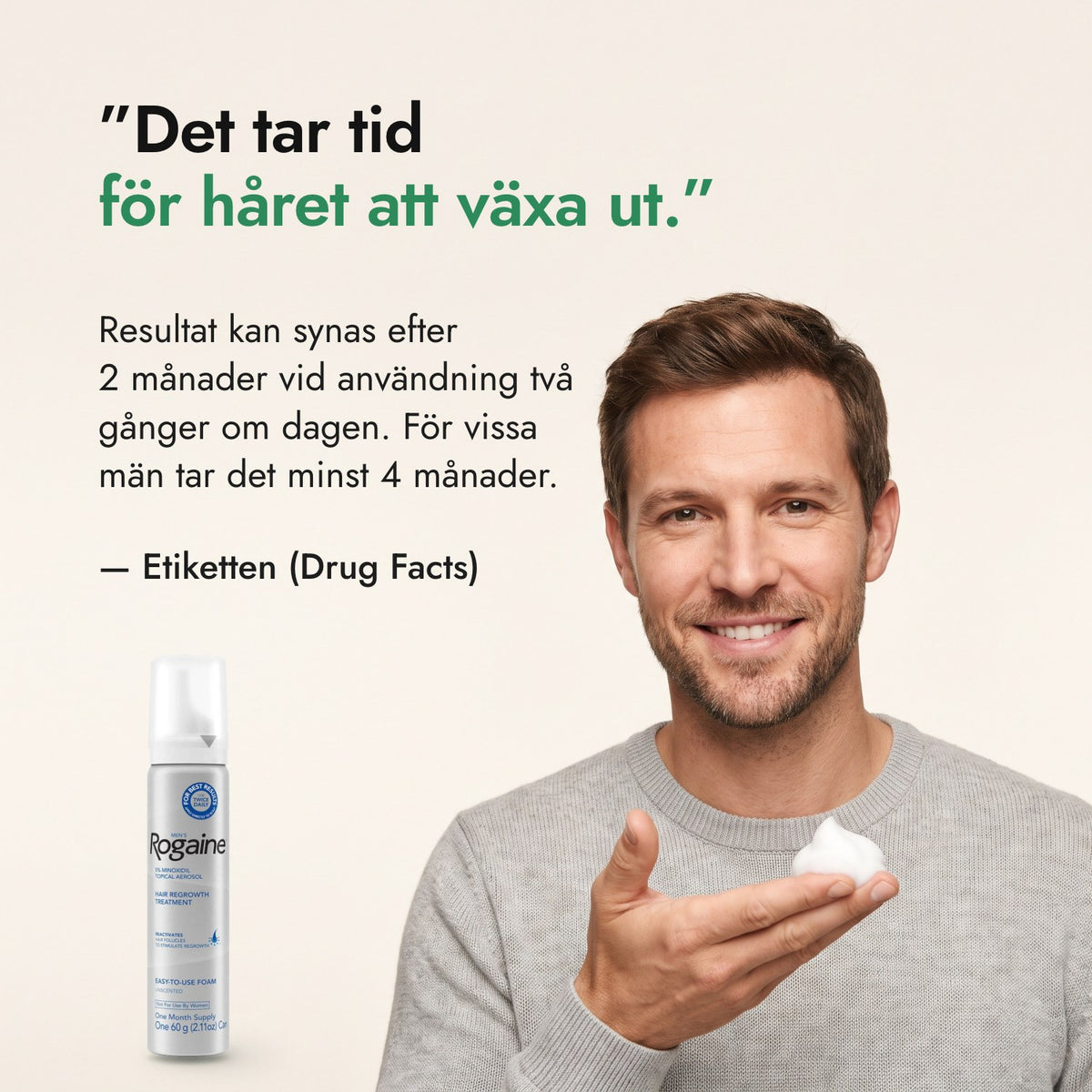 Det tar tid för håret att växa ut. — Etiketten (Drug Facts)