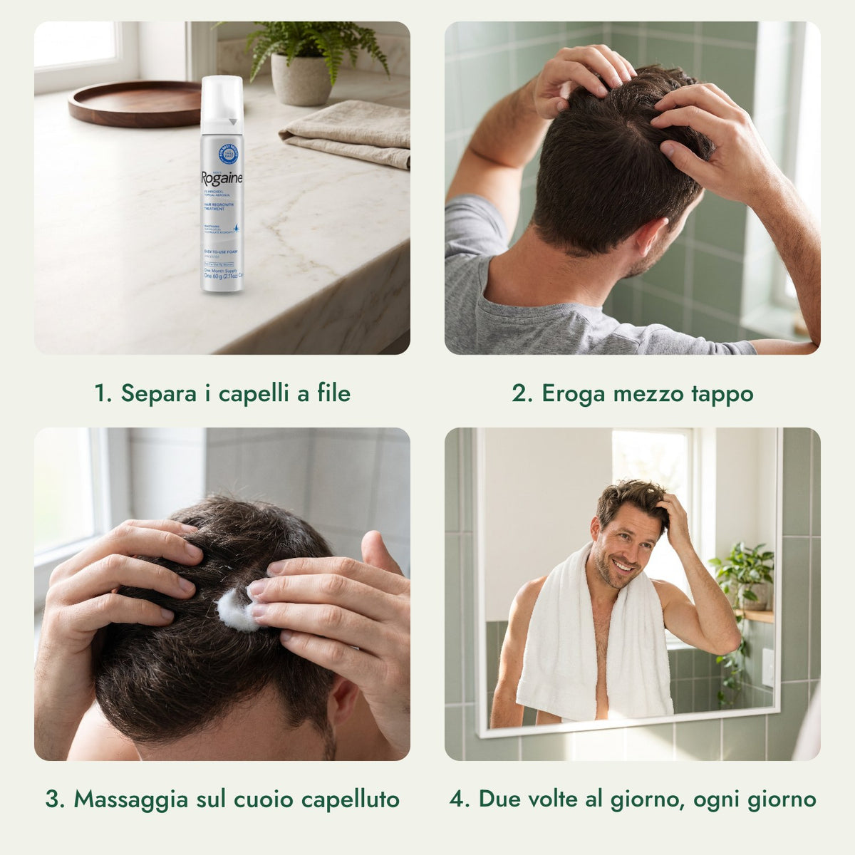 Rogaine Uomo Schiuma Minoxidil 5%: Separa i capelli a file, Eroga mezzo tappo, Massaggia sul cuoio capelluto, Due volte al giorno, ogni giorno
