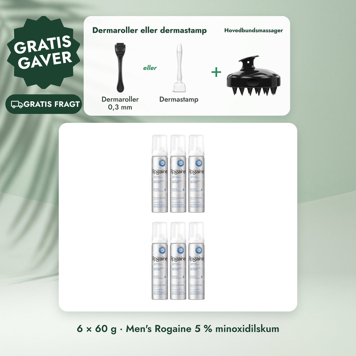 6 × 60 g · Men's Rogaine 5 % minoxidilskum: Dermaroller eller dermastamp, Hovedbundsmassager