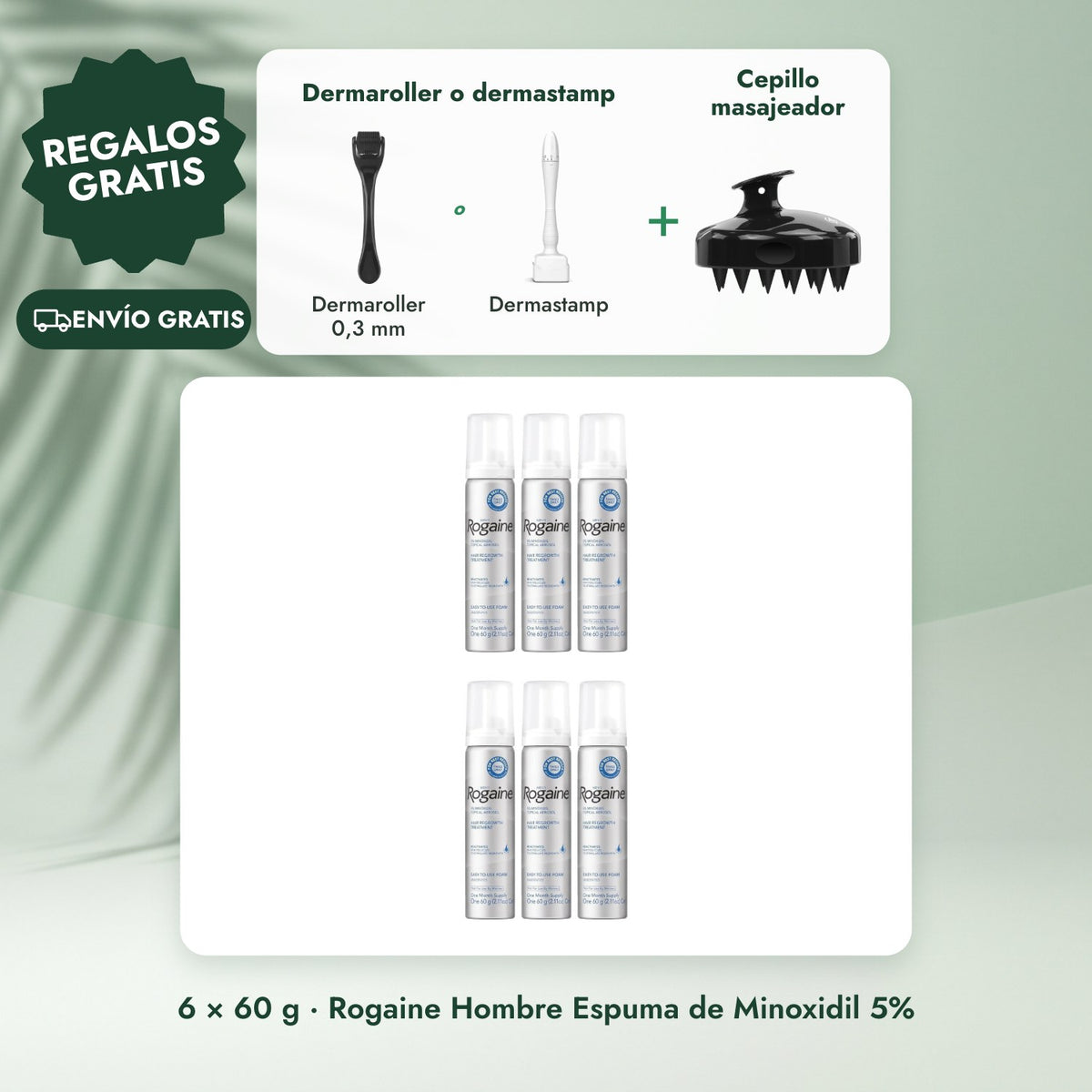 6 × 60 g · Rogaine Hombre Espuma de Minoxidil 5%: Dermaroller o dermastamp, Cepillo masajeador