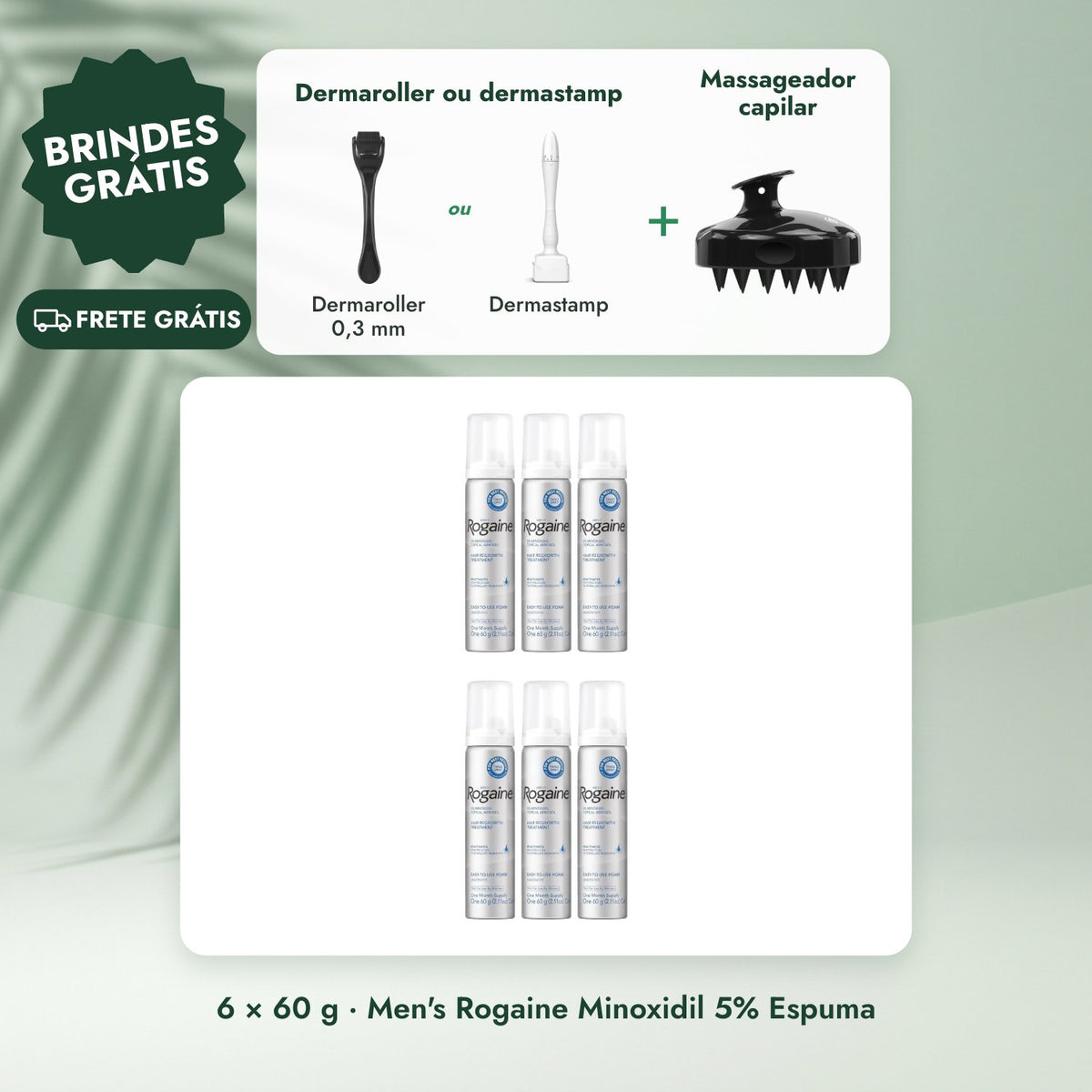 6 × 60 g · Men's Rogaine Minoxidil 5% Espuma: Dermaroller ou dermastamp, Massageador capilar