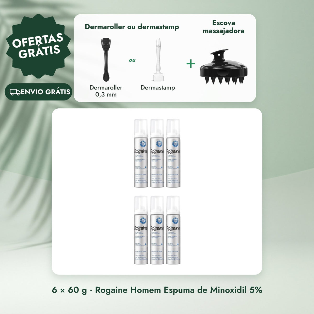 6 × 60 g · Rogaine Homem Espuma de Minoxidil 5%: Dermaroller ou dermastamp, Escova massajadora