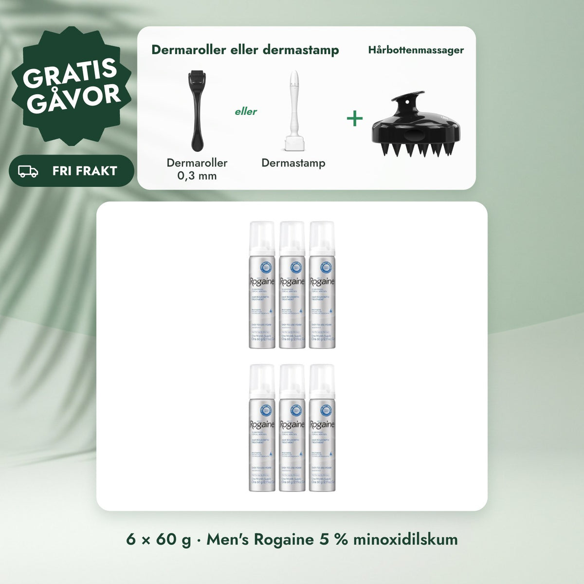 6 × 60 g · Men's Rogaine 5 % minoxidilskum: Dermaroller eller dermastamp, Hårbottenmassager