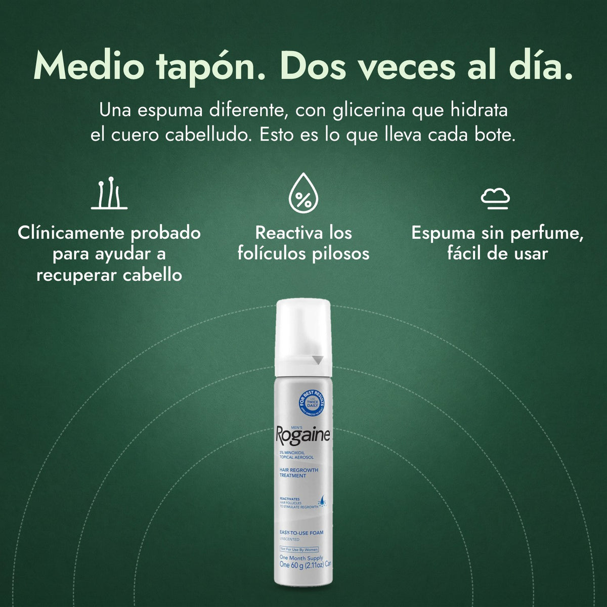 Rogaine Hombre Espuma de Minoxidil 5%: Medio tapón. Dos veces al día. Clínicamente probado para ayudar a recuperar cabello, Reactiva los folículos pilosos, Espuma sin perfume, fácil de usar