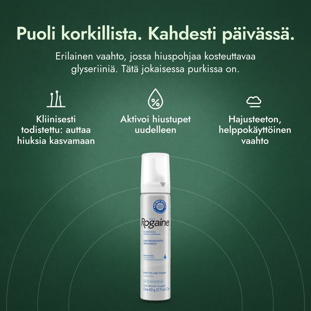 Men's Rogaine 5 % minoksidiilivaahto: Puoli korkillista. Kahdesti päivässä. Kliinisesti todistettu: auttaa hiuksia kasvamaan, Aktivoi hiustupet uudelleen, Hajusteeton, helppokäyttöinen vaahto