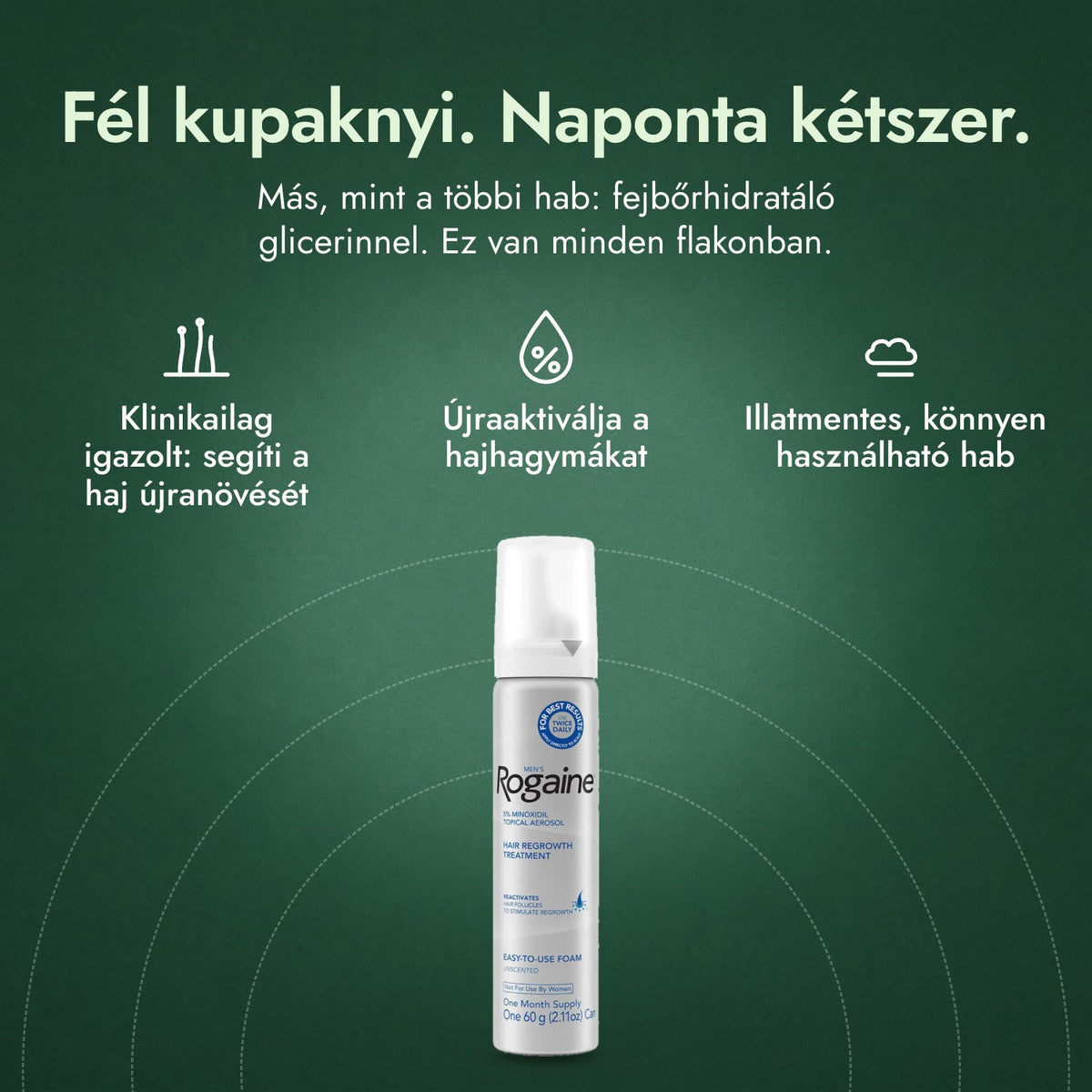 Rogaine 5% Minoxidil hab férfiaknak: Fél kupaknyi. Naponta kétszer. Klinikailag igazolt: segíti a haj újranövését, Újraaktiválja a hajhagymákat, Illatmentes, könnyen használható hab