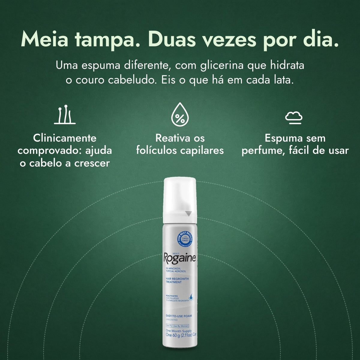 Rogaine Homem Espuma de Minoxidil 5%: Meia tampa. Duas vezes por dia. Clinicamente comprovado: ajuda o cabelo a crescer, Reativa os folículos capilares, Espuma sem perfume, fácil de usar