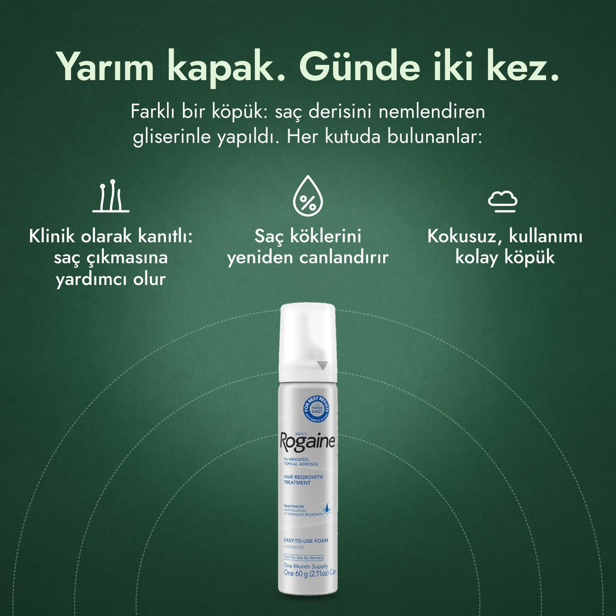 Men's Rogaine %5 Minoksidil Köpük: Yarım kapak. Günde iki kez. Klinik olarak kanıtlı: saç çıkmasına yardımcı olur, Saç köklerini yeniden canlandırır, Kokusuz, kullanımı kolay köpük