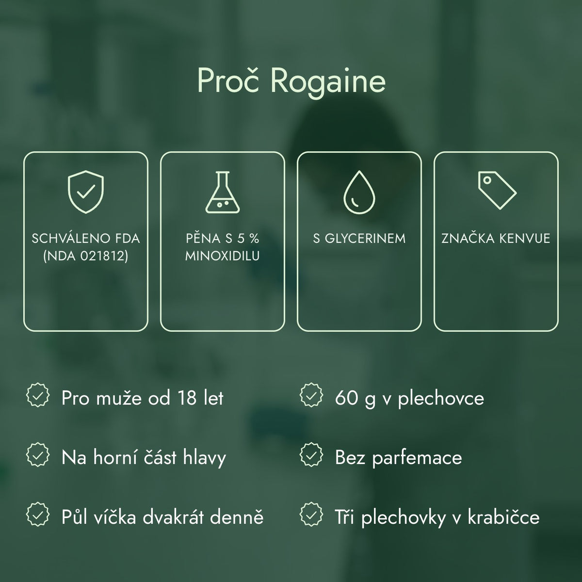 Proč Rogaine: Schváleno FDA (NDA 021812), Pěna s 5 % minoxidilu, S glycerinem, Značka Kenvue