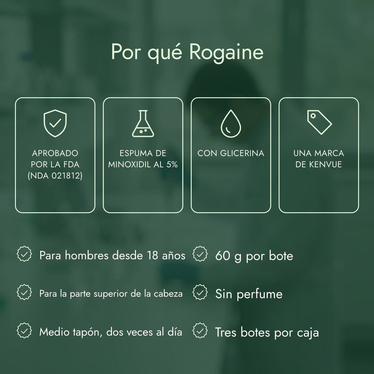 Por qué Rogaine: Aprobado por la FDA (NDA 021812), Espuma de minoxidil al 5%, Con glicerina, Una marca de Kenvue