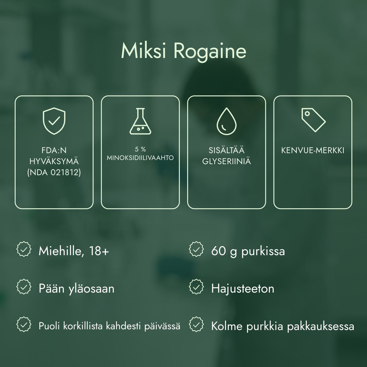 Miksi Rogaine: FDA:n hyväksymä (NDA 021812), 5 % minoksidiilivaahto, Sisältää glyseriiniä, Kenvue-merkki