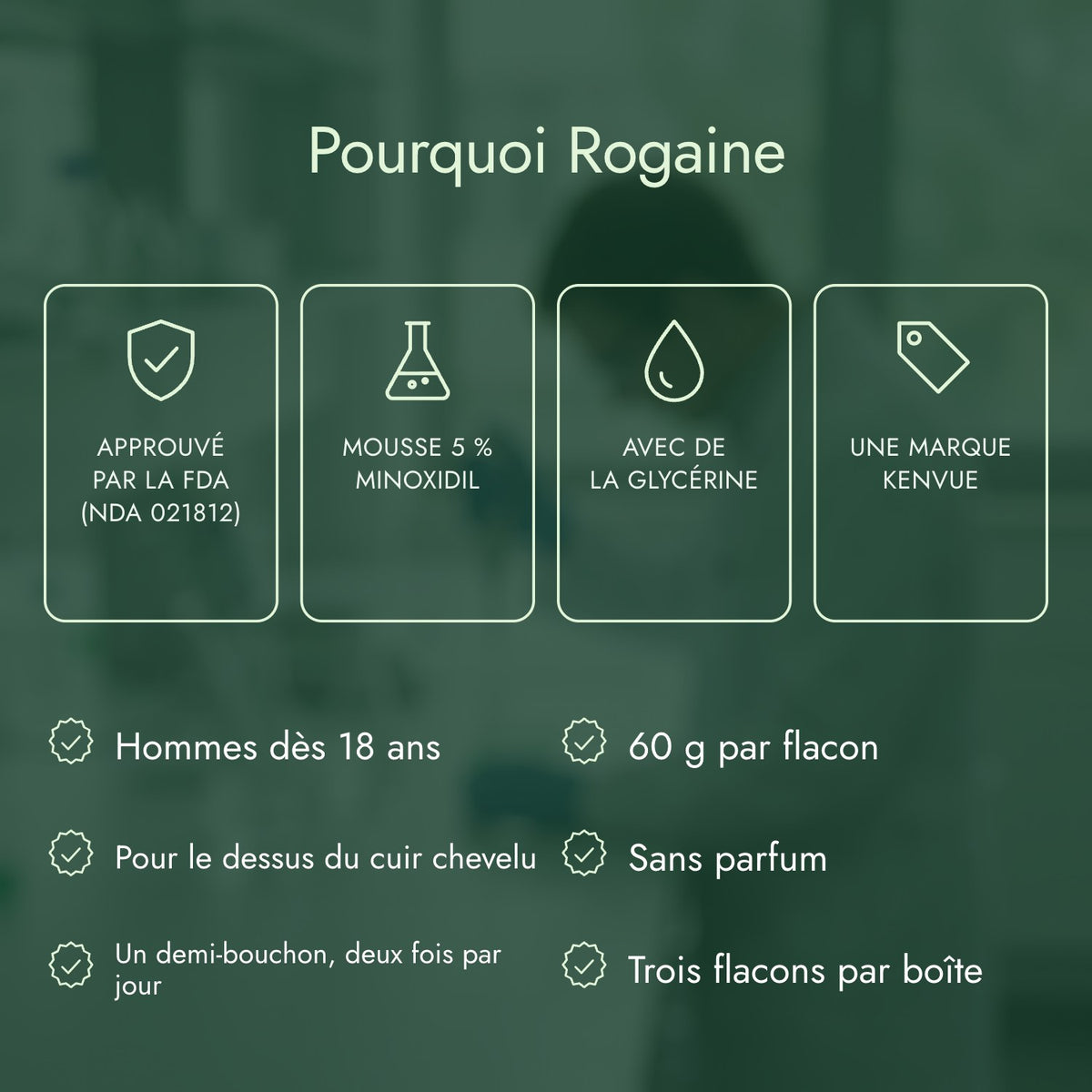 Pourquoi Rogaine: Approuvé par la FDA (NDA 021812), Mousse 5 % minoxidil, Avec de la glycérine, Une marque Kenvue