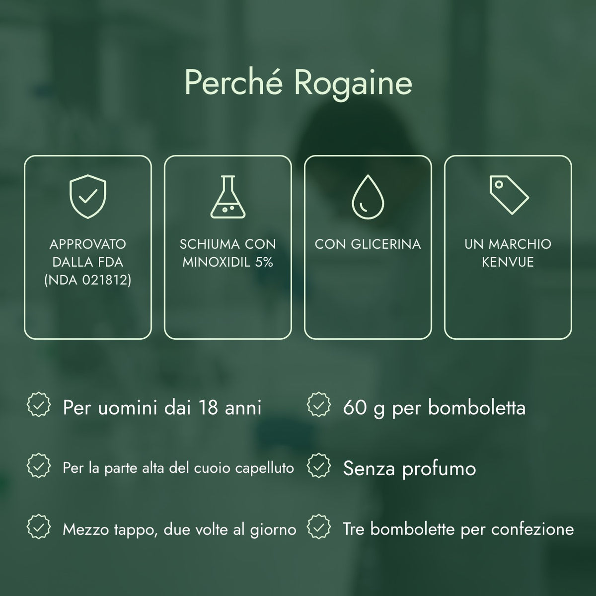 Perché Rogaine: Approvato dalla FDA (NDA 021812), Schiuma con minoxidil 5%, Con glicerina, Un marchio Kenvue