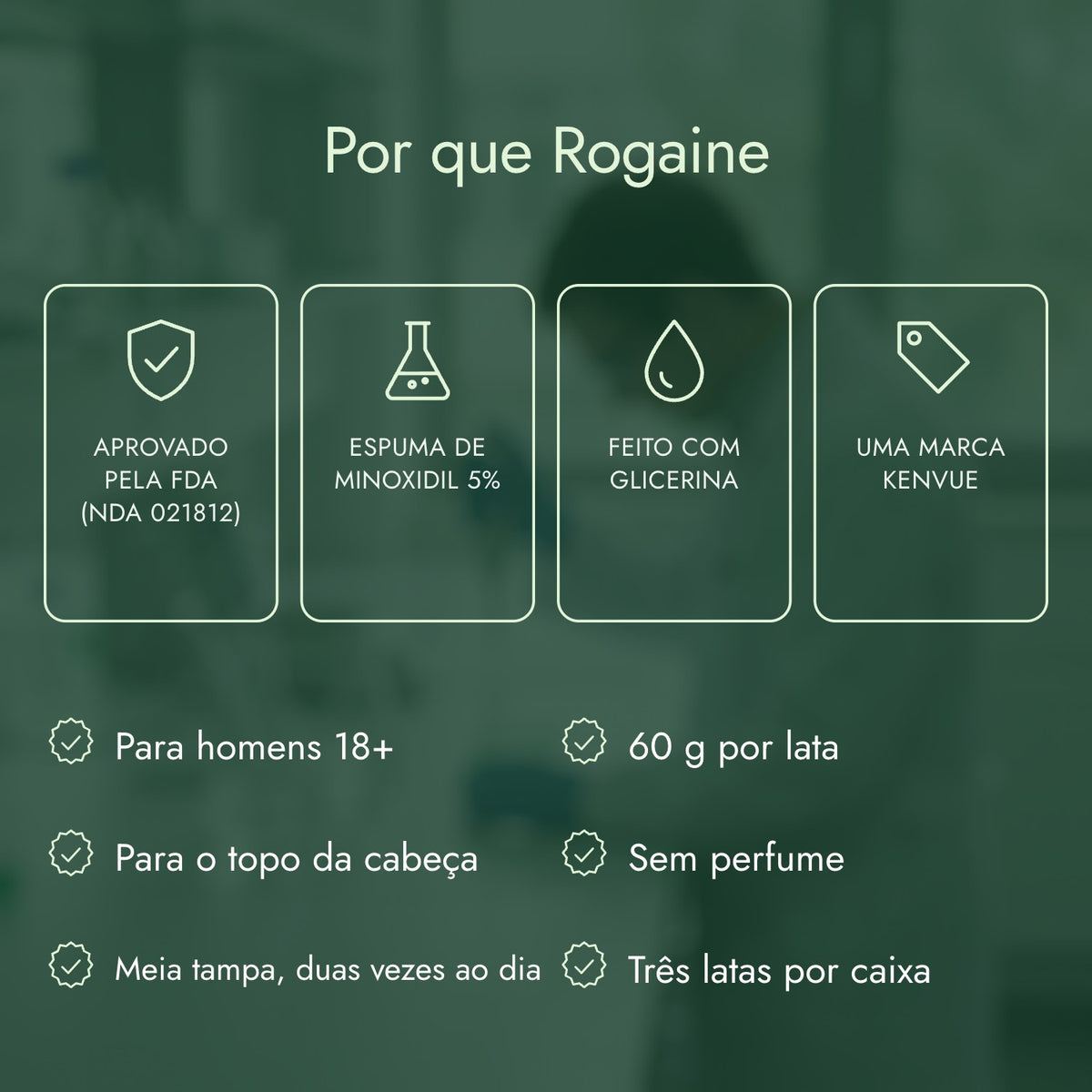 Por que Rogaine: Aprovado pela FDA (NDA 021812), Espuma de minoxidil 5%, Feito com glicerina, Uma marca Kenvue