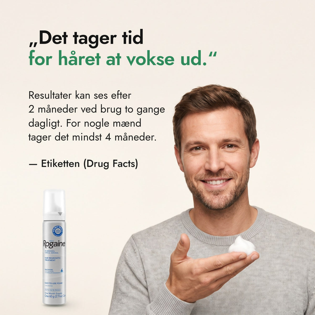Det tager tid for håret at vokse ud. — Etiketten (Drug Facts)