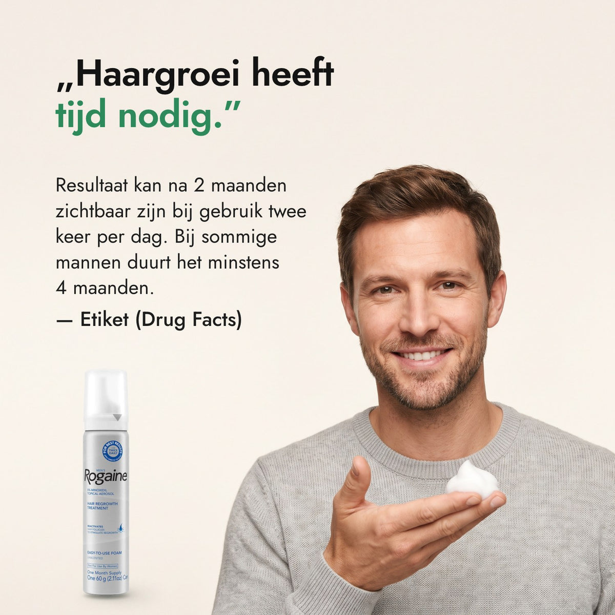 Haargroei heeft tijd nodig. — Etiket (Drug Facts)