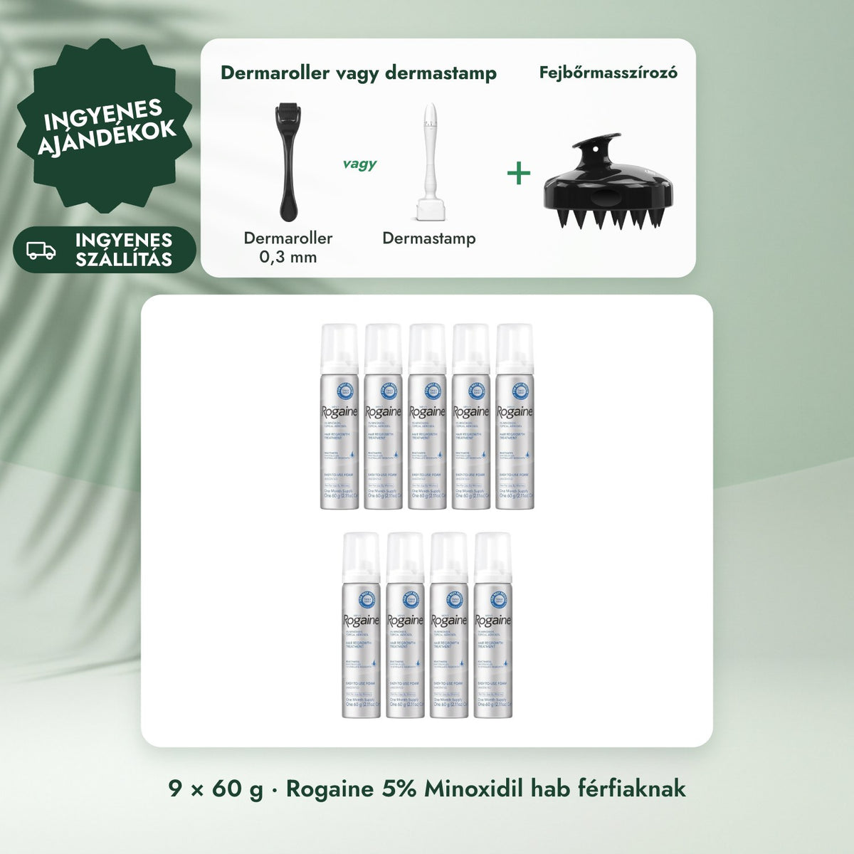 9 × 60 g · Rogaine 5% Minoxidil hab férfiaknak: Dermaroller vagy dermastamp, Fejbőrmasszírozó