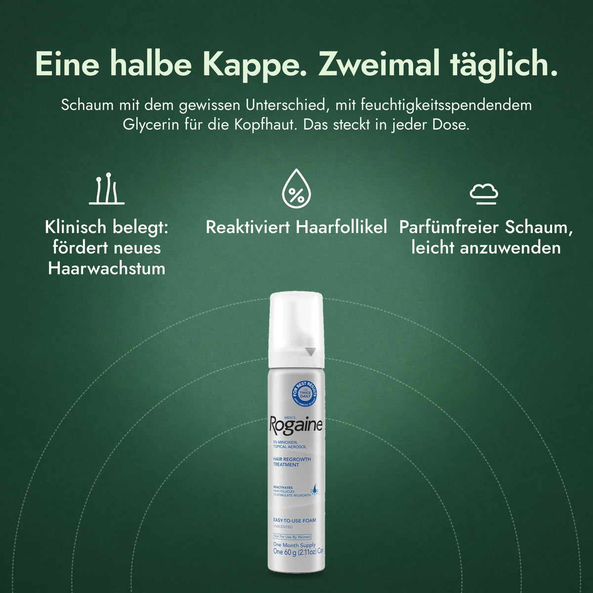 Rogaine Männer 5 % Minoxidil Schaum: Eine halbe Kappe. Zweimal täglich. Klinisch belegt: fördert neues Haarwachstum, Reaktiviert Haarfollikel, Parfümfreier Schaum, leicht anzuwenden