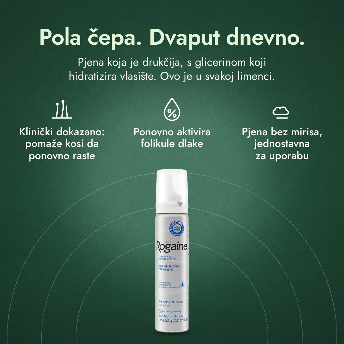 Rogaine 5% Minoxidil pjena za muškarce: Pola čepa. Dvaput dnevno. Klinički dokazano: pomaže kosi da ponovno raste, Ponovno aktivira folikule dlake, Pjena bez mirisa, jednostavna za uporabu