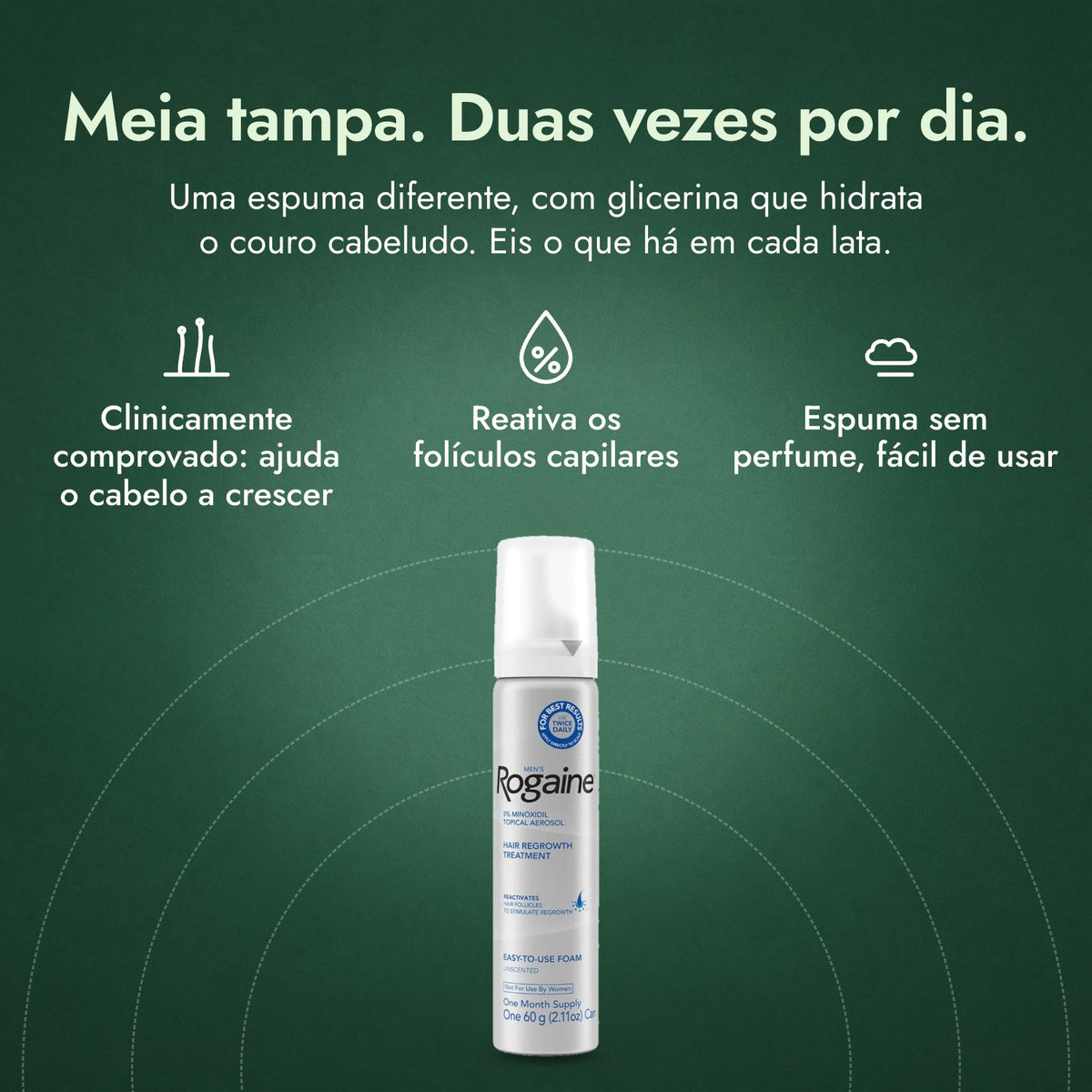 Rogaine Homem Espuma de Minoxidil 5%: Meia tampa. Duas vezes por dia. Clinicamente comprovado: ajuda o cabelo a crescer, Reativa os folículos capilares, Espuma sem perfume, fácil de usar