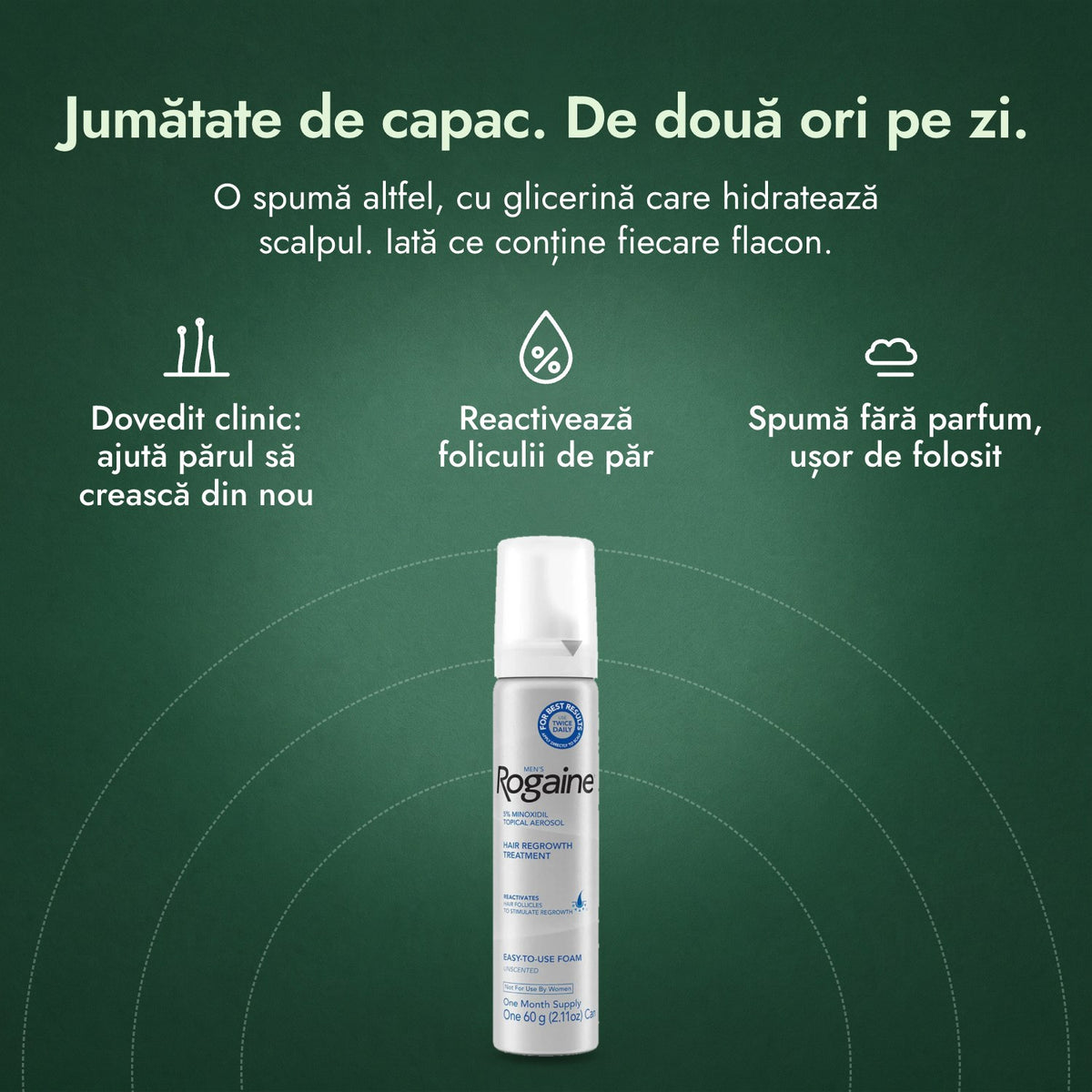Men's Rogaine spumă cu minoxidil 5%: Jumătate de capac. De două ori pe zi. Dovedit clinic: ajută părul să crească din nou, Reactivează foliculii de păr, Spumă fără parfum, ușor de folosit