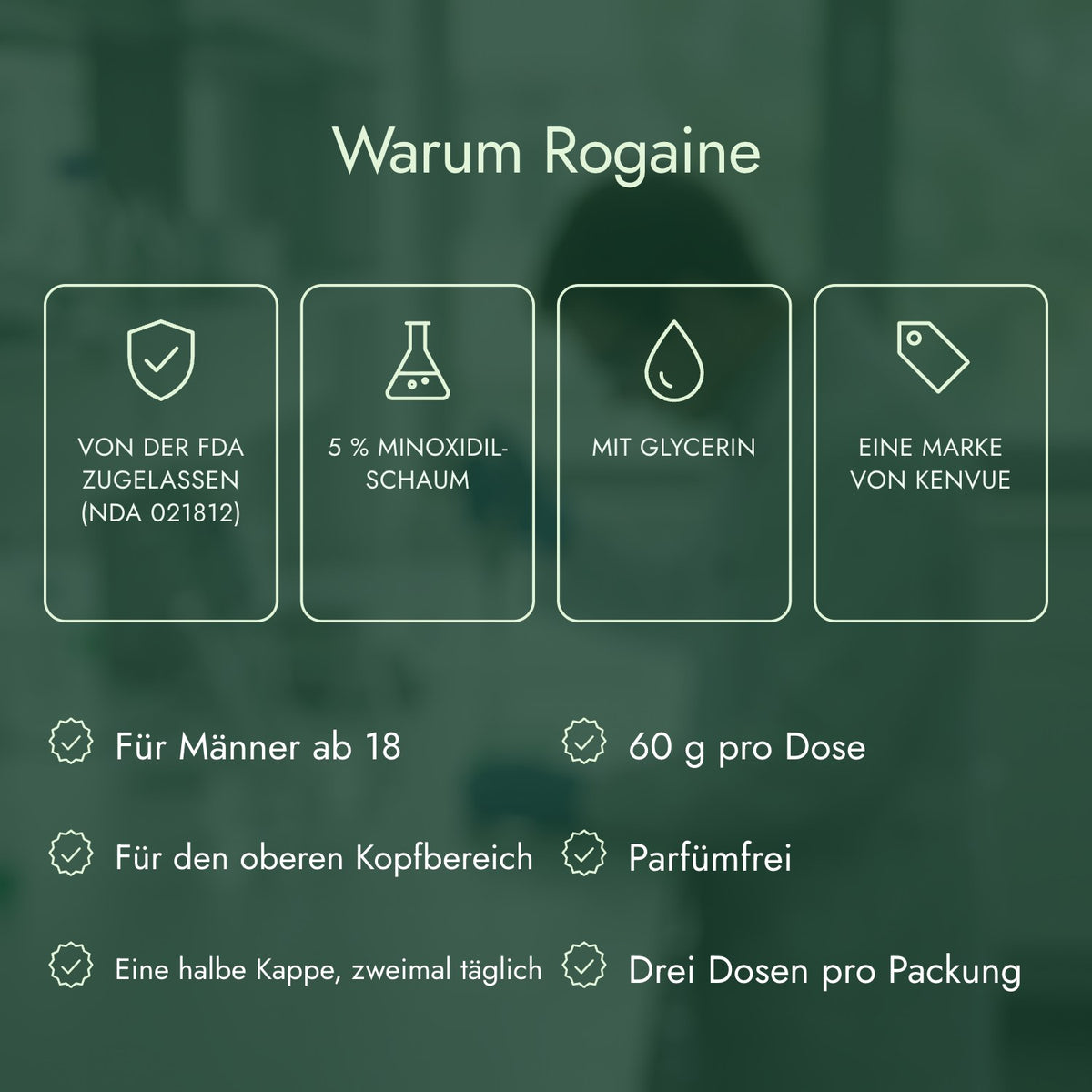 Warum Rogaine: Von der FDA zugelassen (NDA 021812), 5 % Minoxidil-Schaum, Mit Glycerin, Eine Marke von Kenvue