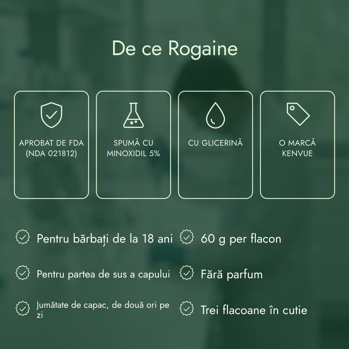 De ce Rogaine: Aprobat de FDA (NDA 021812), Spumă cu minoxidil 5%, Cu glicerină, O marcă Kenvue