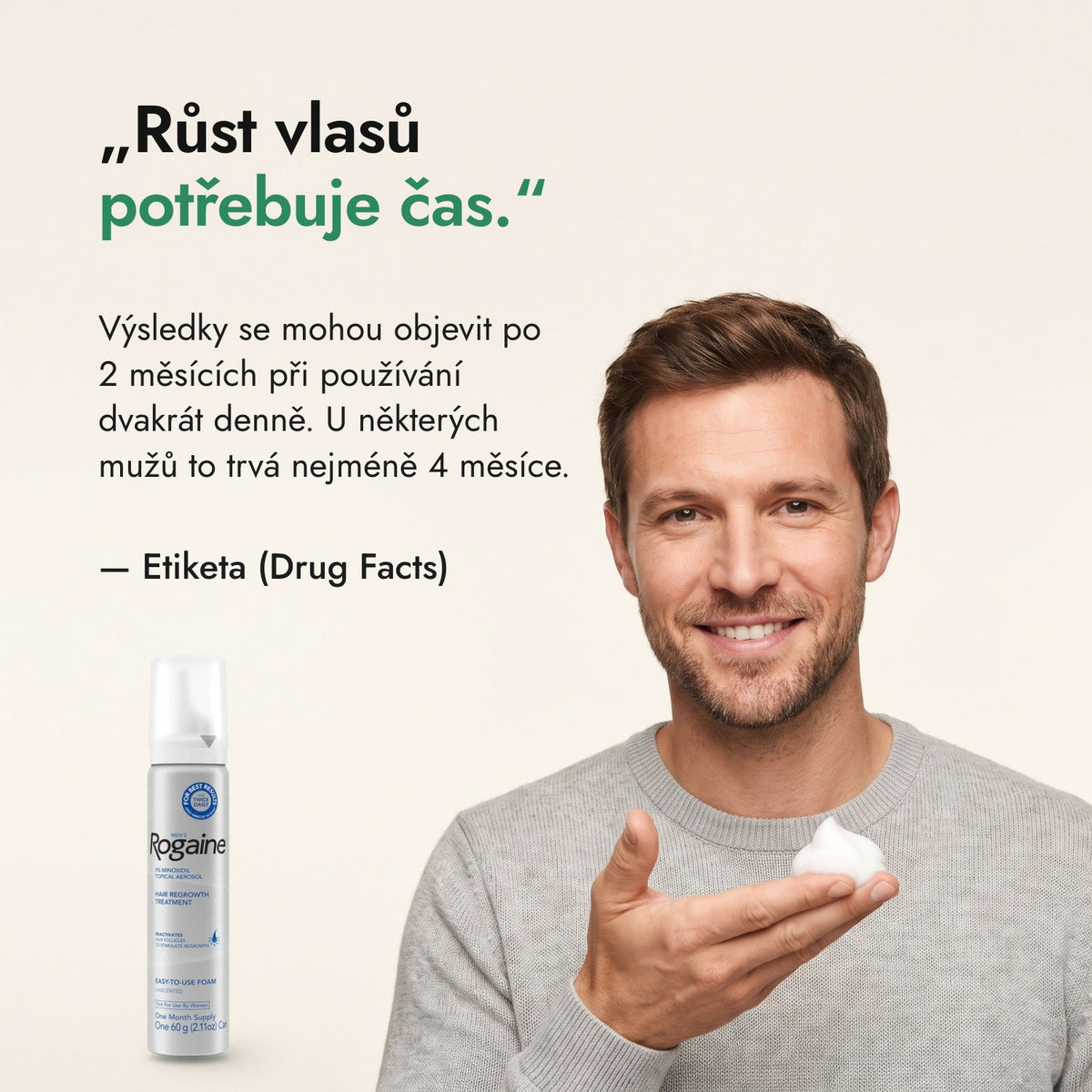 Růst vlasů potřebuje čas. — Etiketa (Drug Facts)