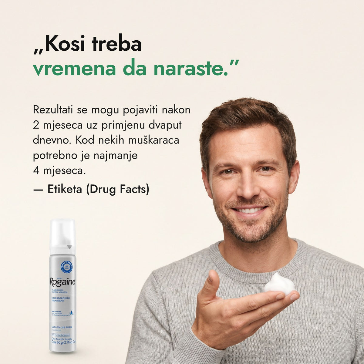 Kosi treba vremena da naraste. — Etiketa (Drug Facts)