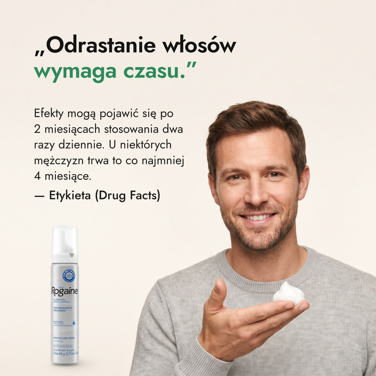 Odrastanie włosów wymaga czasu. — Etykieta (Drug Facts)