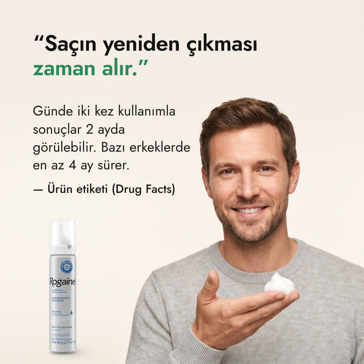 Saçın yeniden çıkması zaman alır. — Ürün etiketi (Drug Facts)