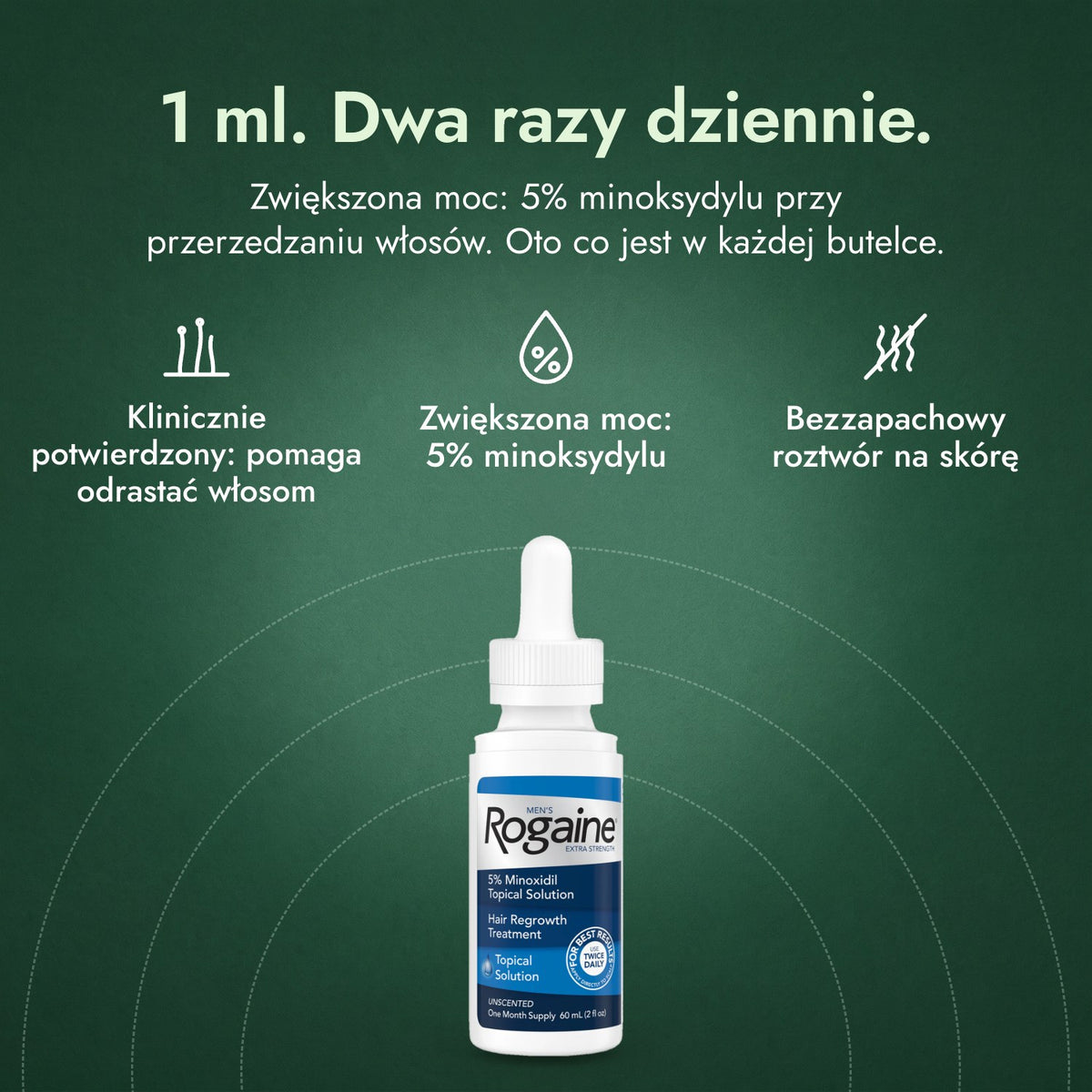 Men's Rogaine Extra Strength 5%: 1 ml. Dwa razy dziennie. Klinicznie potwierdzony: pomaga odrastać włosom, Zwiększona moc: 5% minoksydylu, Bezzapachowy roztwór na skórę