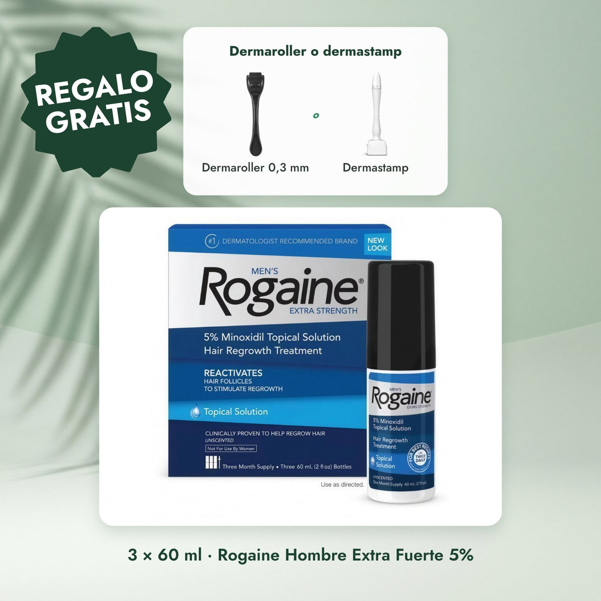 3 × 60 ml · Rogaine Hombre Extra Fuerte 5%: Dermaroller o dermastamp