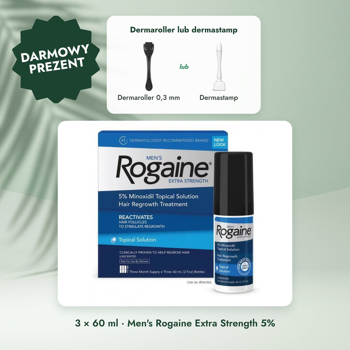 3 × 60 ml · Men's Rogaine Extra Strength 5%: Dermaroller lub dermastamp