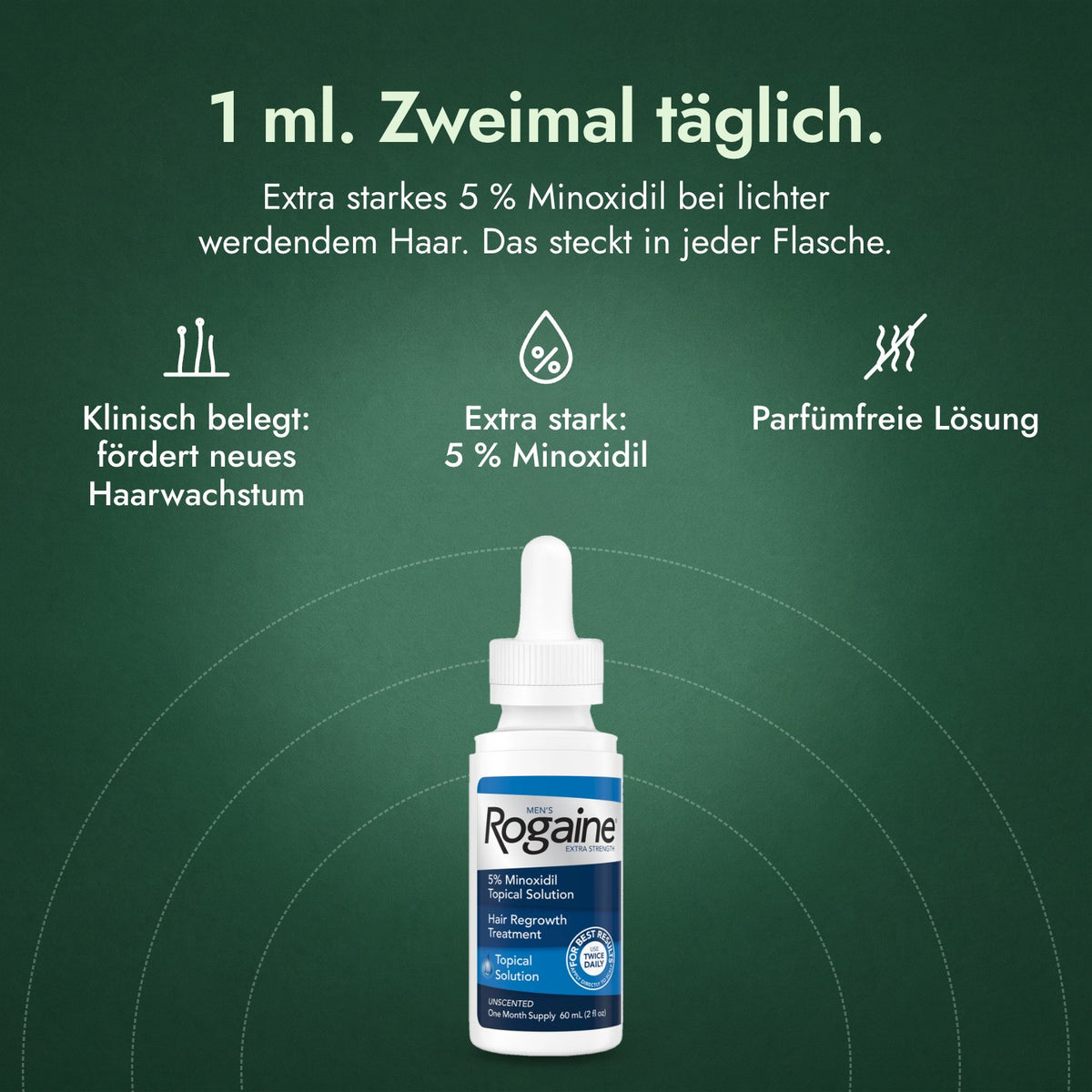 Rogaine Männer Extra Stark 5 %: 1 ml. Zweimal täglich. Klinisch belegt: fördert neues Haarwachstum, Extra stark: 5 % Minoxidil, Parfümfreie Lösung