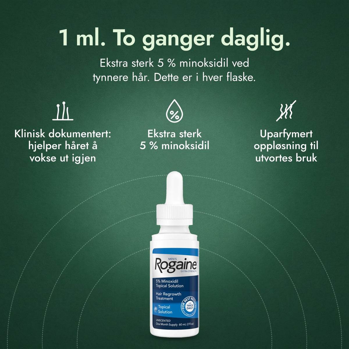 Men's Rogaine Extra Strength 5 %: 1 ml. To ganger daglig. Klinisk dokumentert: hjelper håret å vokse ut igjen, Ekstra sterk 5 % minoksidil, Uparfymert oppløsning til utvortes bruk