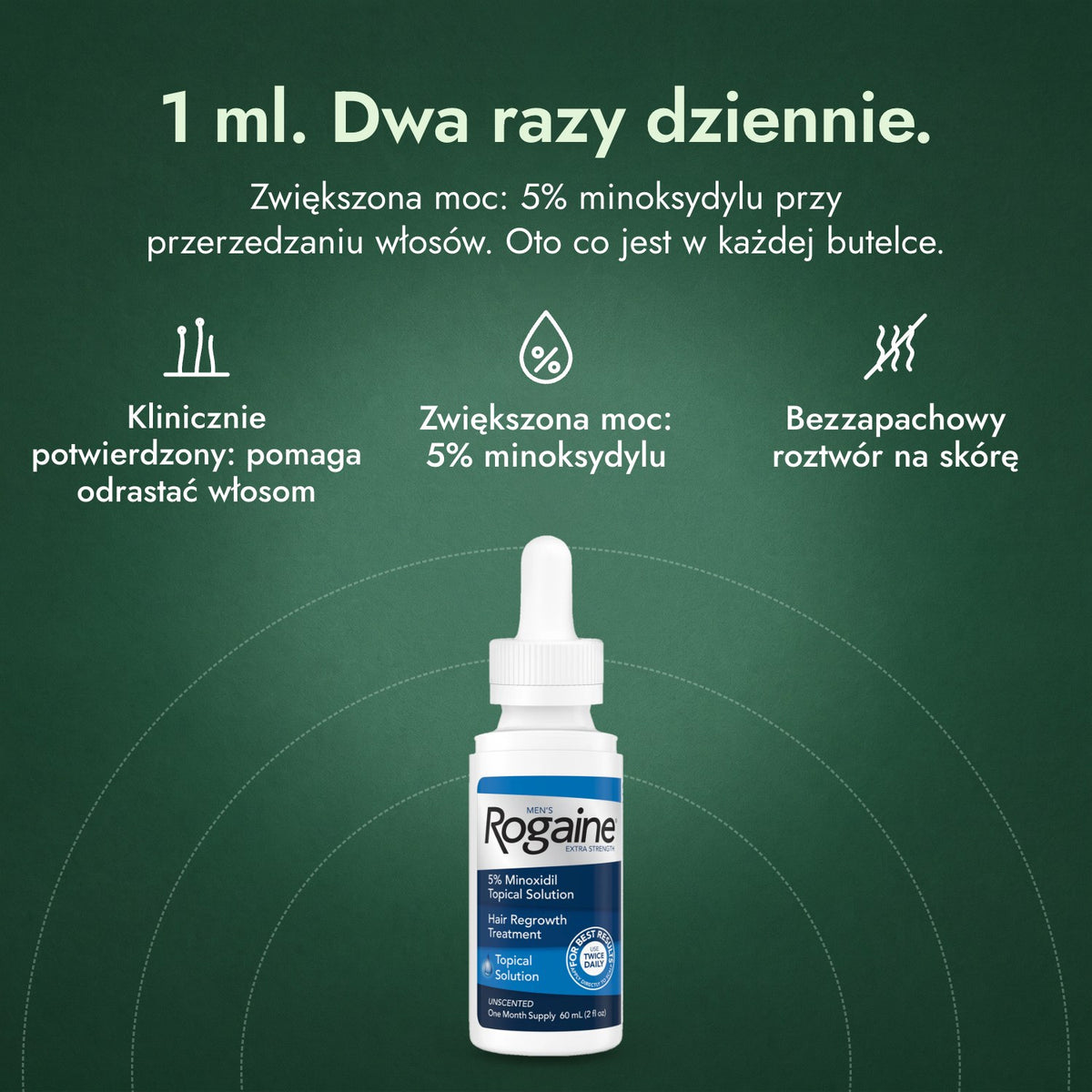 Men's Rogaine Extra Strength 5%: 1 ml. Dwa razy dziennie. Klinicznie potwierdzony: pomaga odrastać włosom, Zwiększona moc: 5% minoksydylu, Bezzapachowy roztwór na skórę