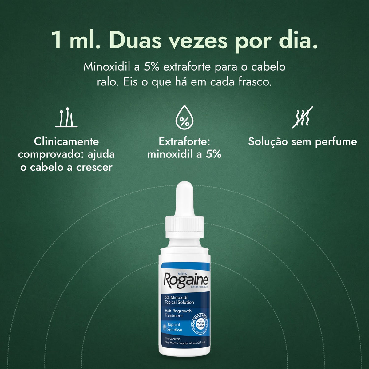Rogaine Homem Extra Forte 5%: 1 ml. Duas vezes por dia. Clinicamente comprovado: ajuda o cabelo a crescer, Extraforte: minoxidil a 5%, Solução sem perfume