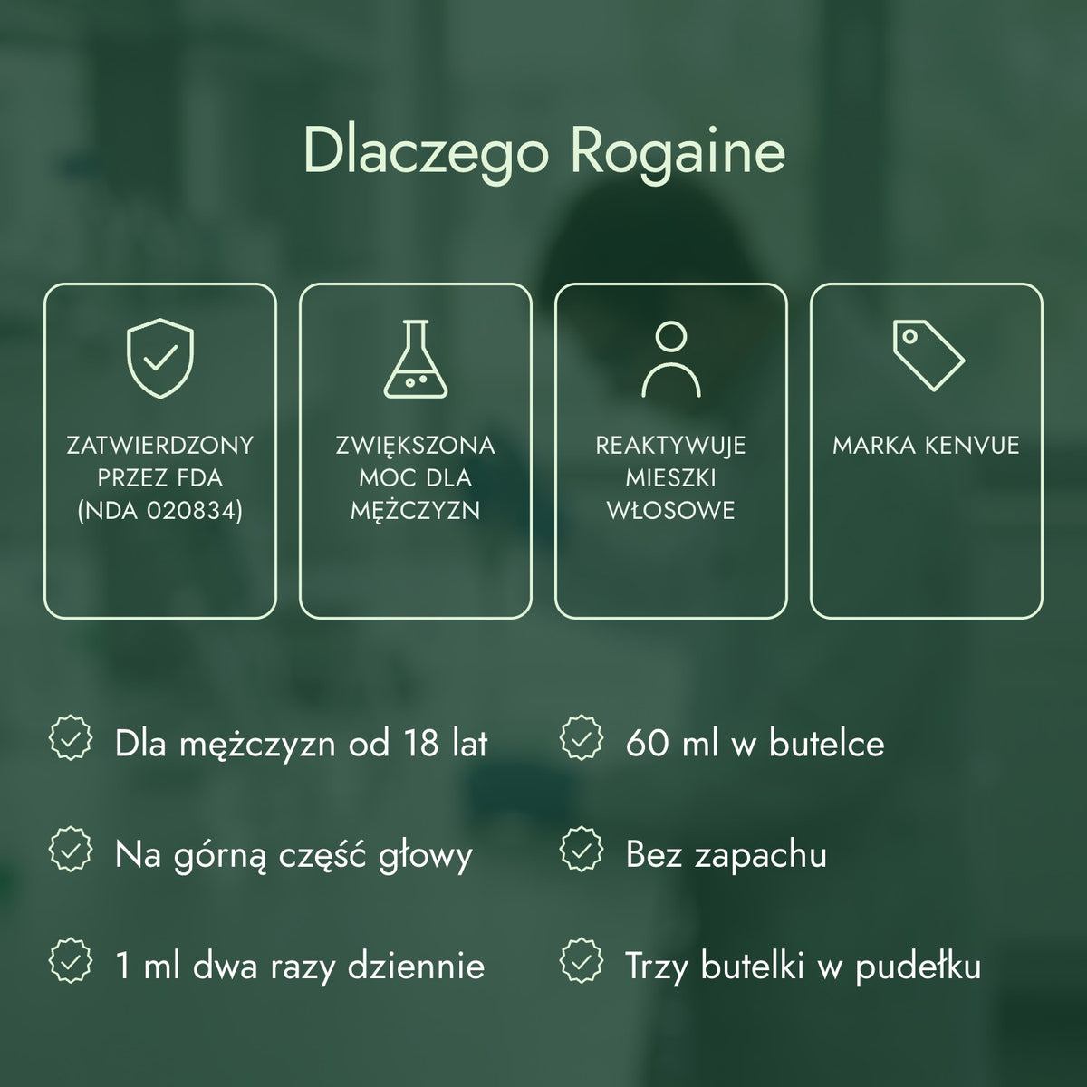 Dlaczego Rogaine: Zatwierdzony przez FDA (NDA 020834), Zwiększona moc dla mężczyzn, Reaktywuje mieszki włosowe, Marka Kenvue