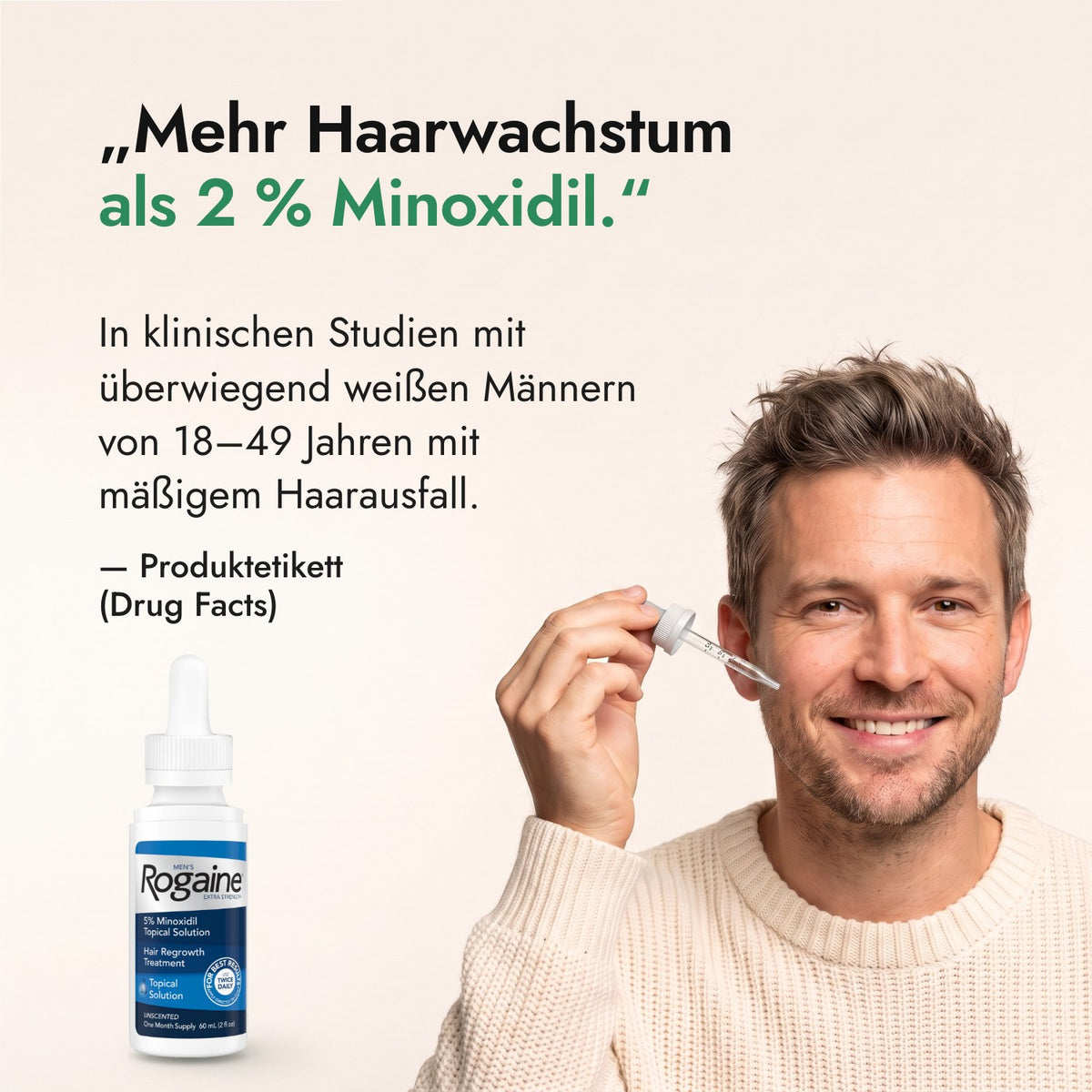 Mehr Haarwachstum als 2 % Minoxidil. — Produktetikett (Drug Facts)