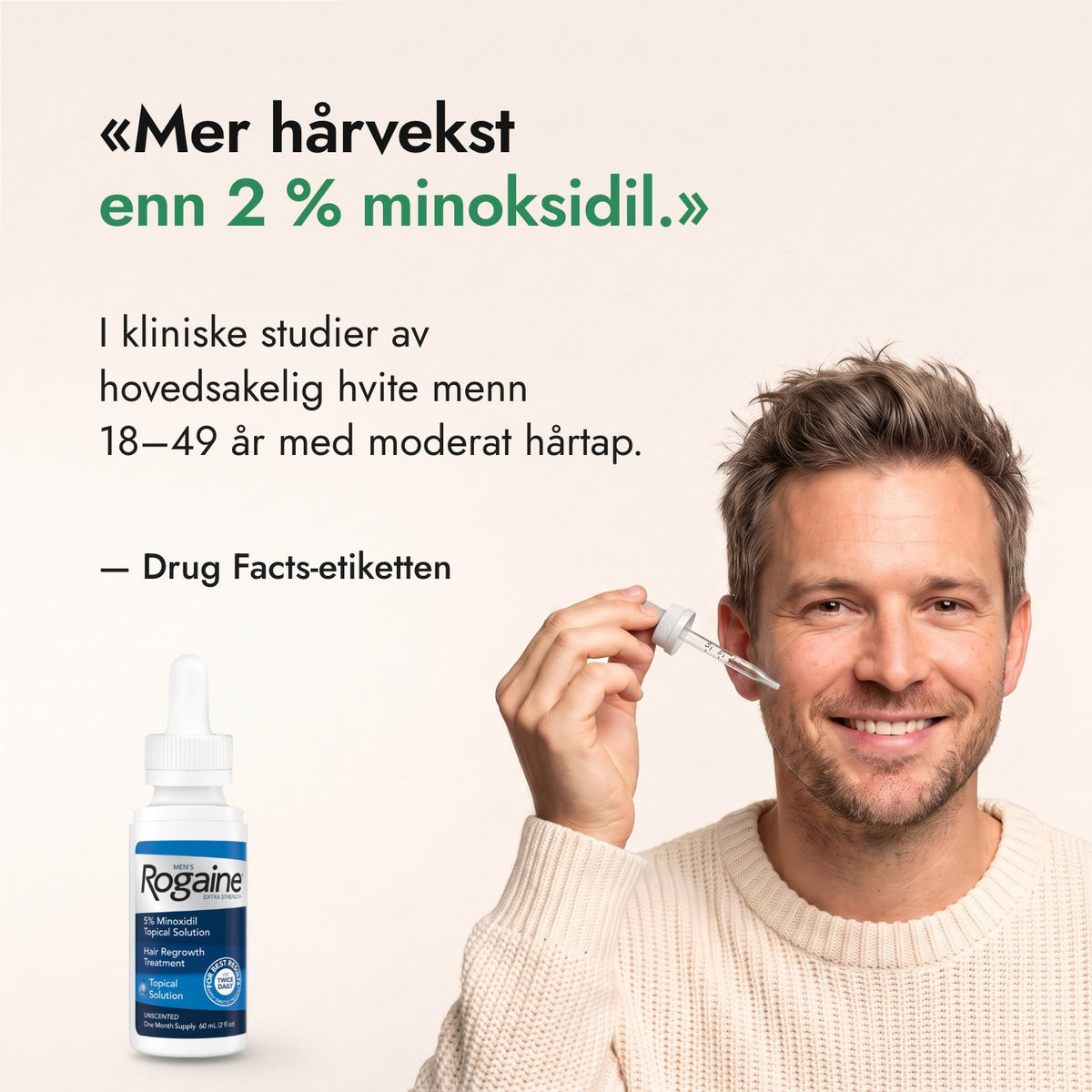 Mer hårvekst enn 2 % minoksidil. — Drug Facts-etiketten