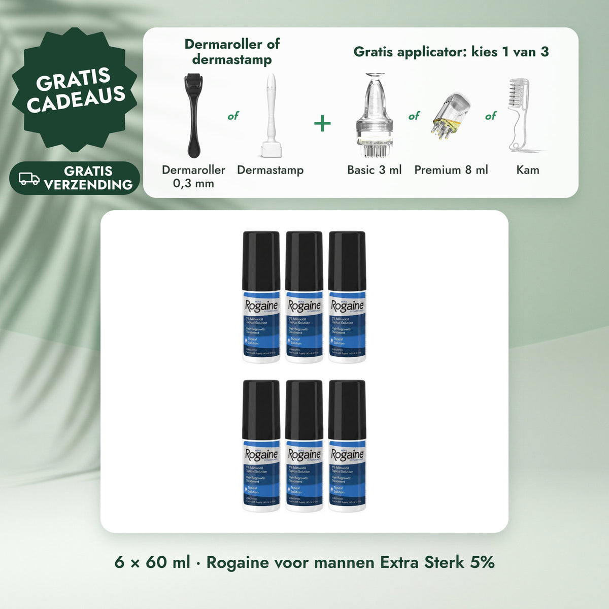 6 × 60 ml · Rogaine voor mannen Extra Sterk 5%: Dermaroller of dermastamp, Gratis applicator: kies 1 van 3