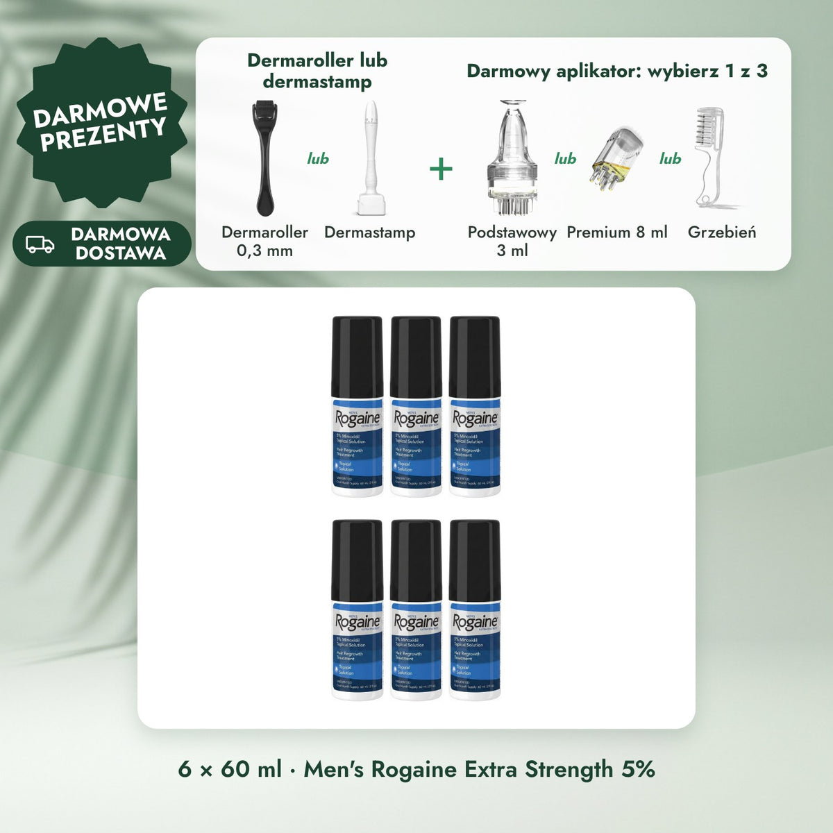 6 × 60 ml · Men's Rogaine Extra Strength 5%: Dermaroller lub dermastamp, Darmowy aplikator: wybierz 1 z 3