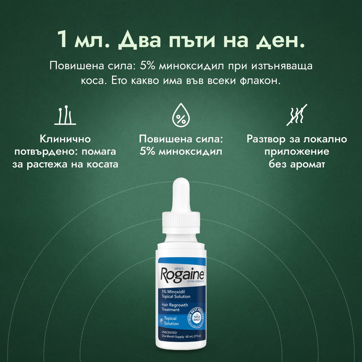 Rogaine за мъже Extra Strength 5%: 1 мл. Два пъти на ден. Клинично потвърдено: помага за растежа на косата, Повишена сила: 5% миноксидил, Разтвор за локално приложение без аромат